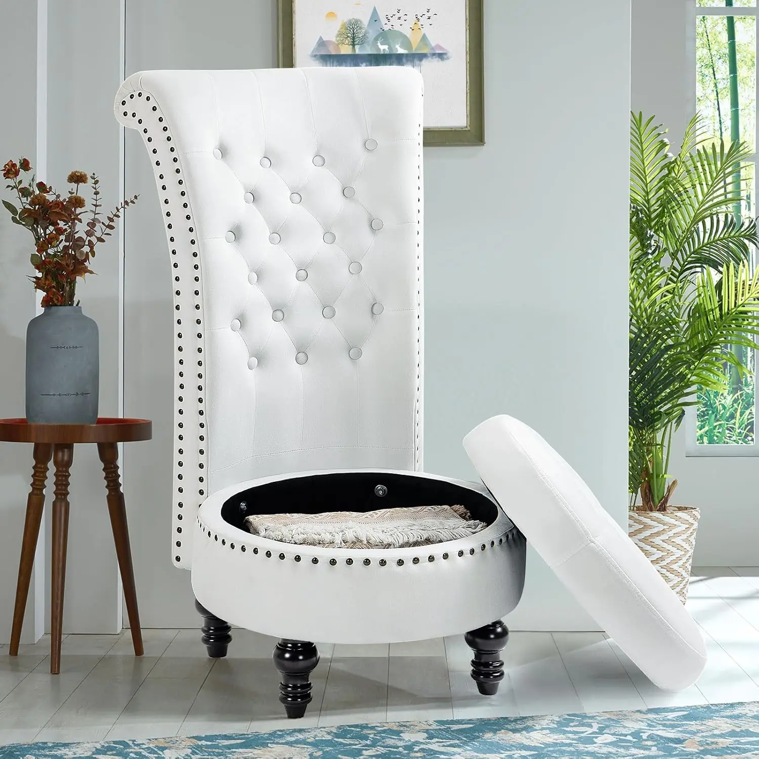 White Velvet Accent Chair with Storage, Nailhead Trim & Rubberwood Legs for Living Room and Bedroom