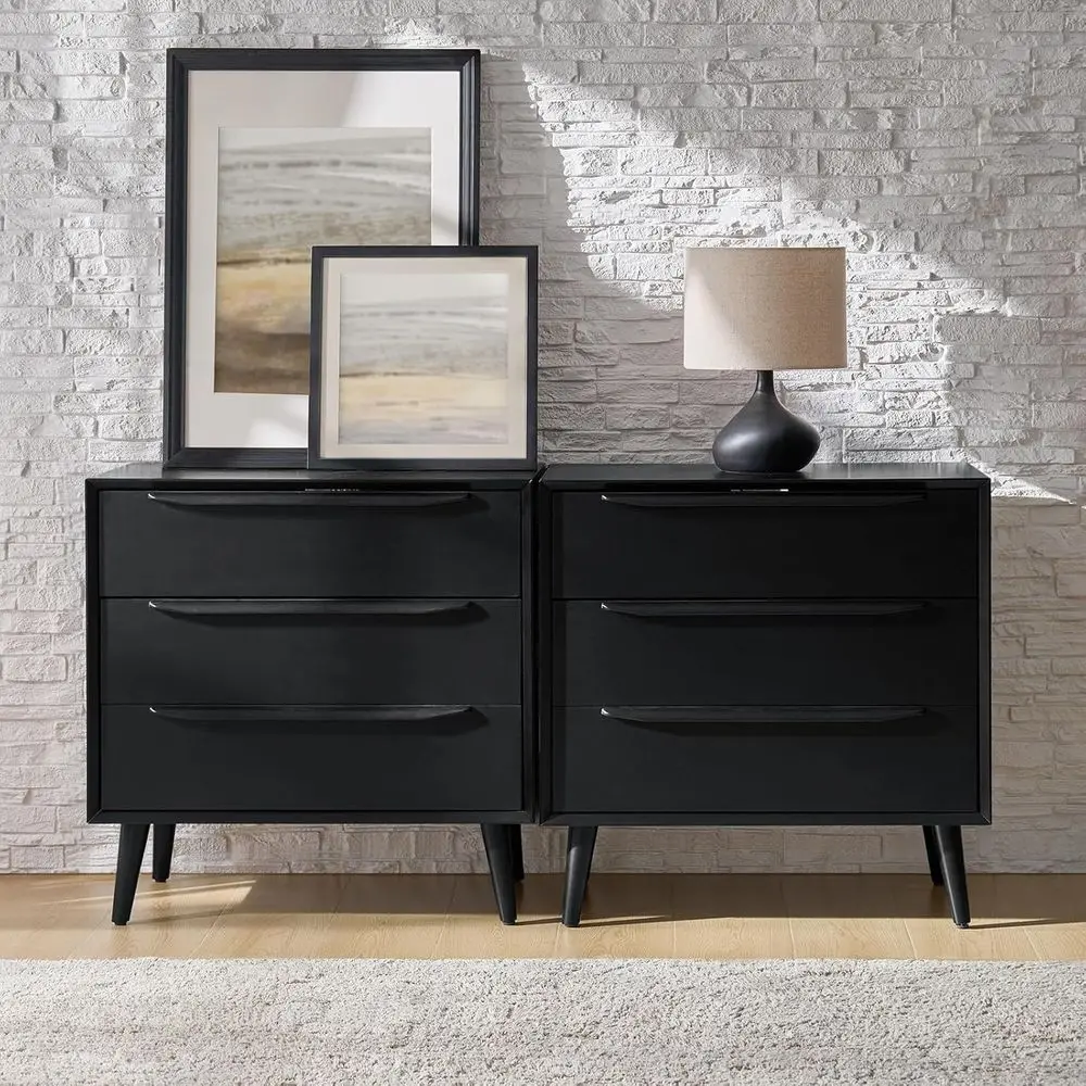 

2-Piece Modern Nightstand Set with 3-Drawers and Charging Station in Black