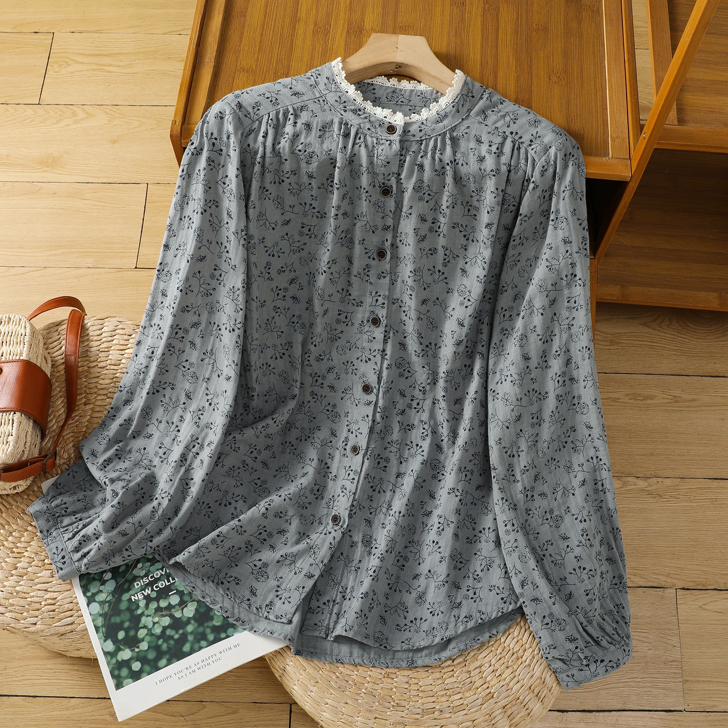 

Retro Lace Trim Printed Pure Cotton Shirt Women's Spring Fashion Casual Linen Long Sleeve Top Loose Fit Stand Collar Button up