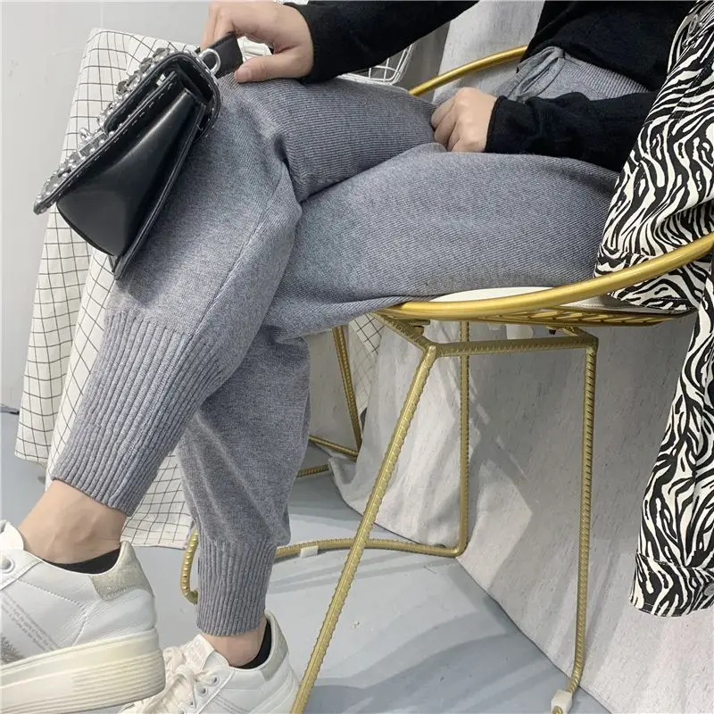 

Women Fall Winter High Waist Drawstring Ankle Length Knit Pants Thick Elastic Harem Korean Fashion Preppy Style R102