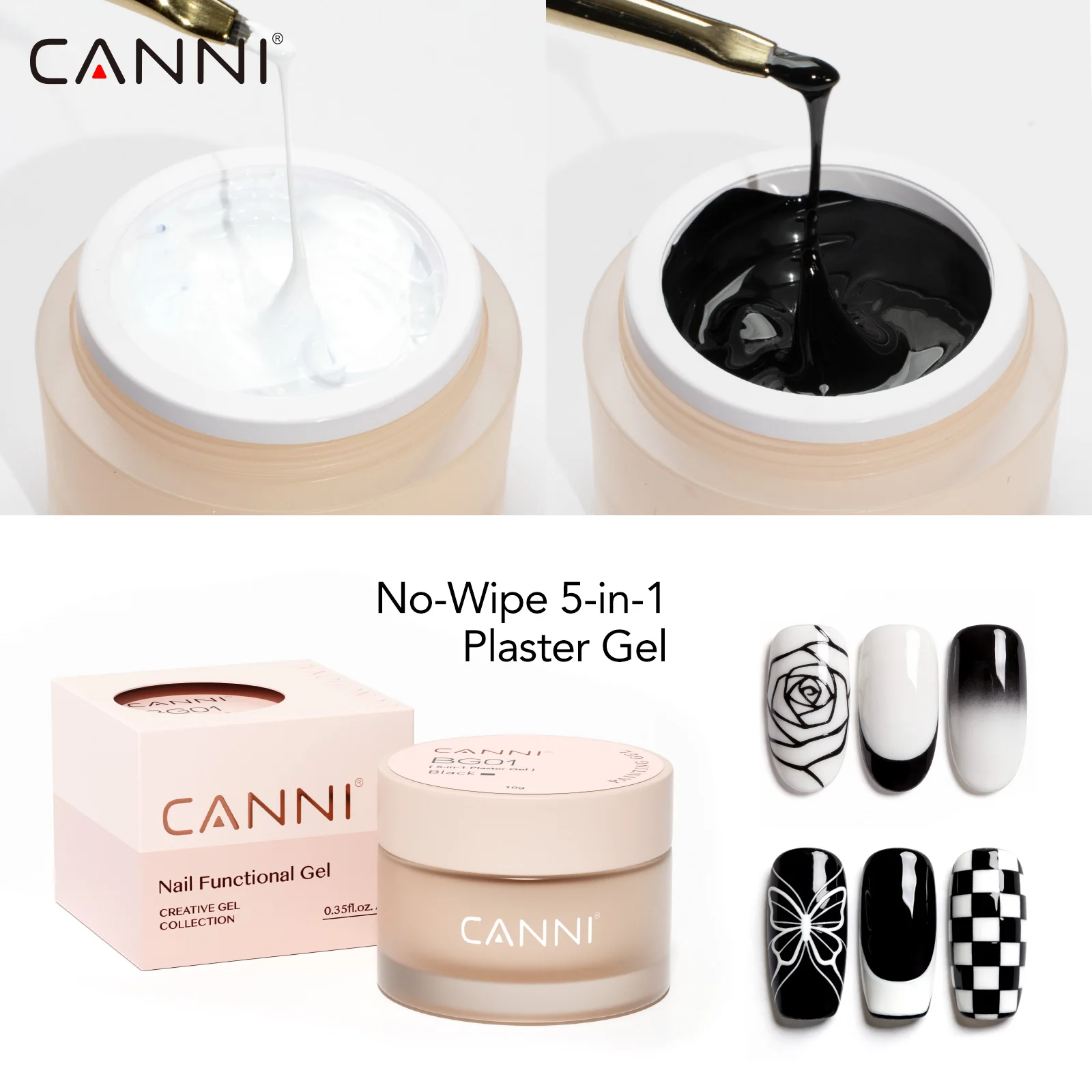 

CANNI 10g No-Wipe 5-in-1 Plaster Gel HEMA TPO FREE Nail Art Functional Gel White Black Nail Painting Relief Pattern DIY Manicure