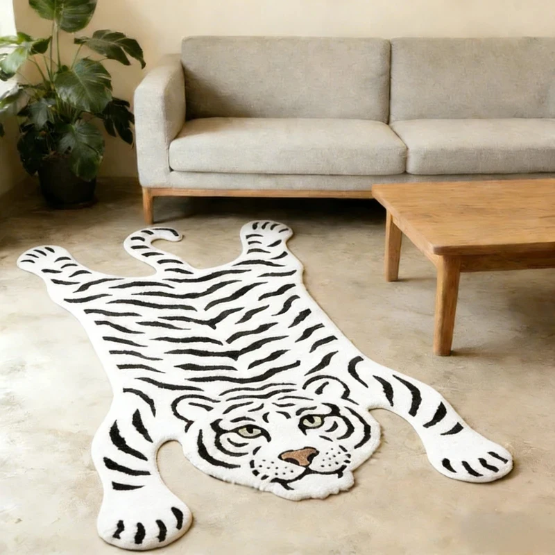 VIKAMA Non-Slip Tiger Pattern Irregular Rug Fluffy Plush For Living Room Bedroom Study Decor