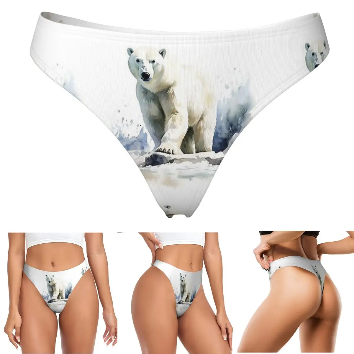 calcinha-g-string-personalizada-com-estampa-de-urso-polar-em-aquarela-respiravel-elastica-confortavel-para-mulheres
