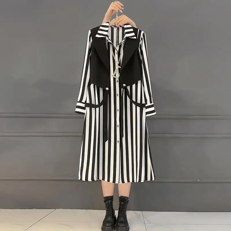 Striped Printed Midi Shirt Dresses Women\'s Spring New Single-breasted Fashion Fake Two Pieces Long Sleeve Casual Commute Dress