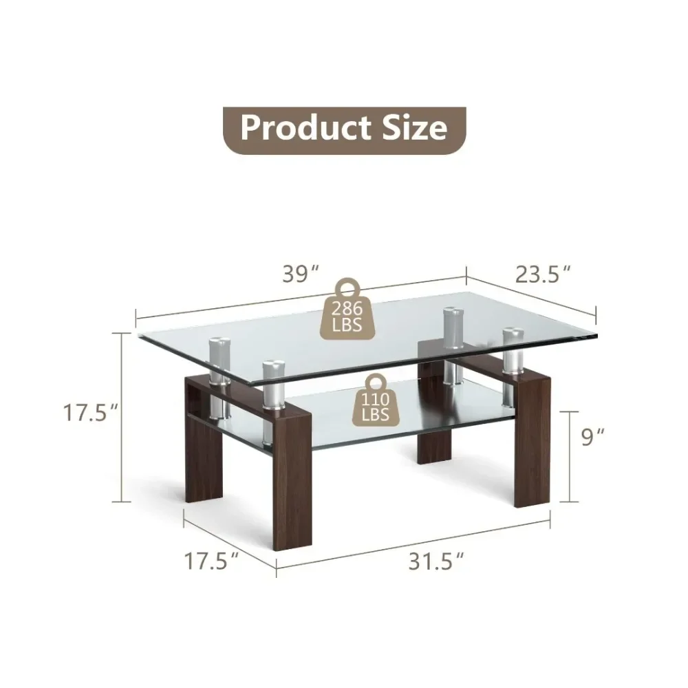 Rectangle Glass Coffee Table w/Lower Shelf, Tempered Glass Tabletop & Metal Legs, Suitable for Living Room Office