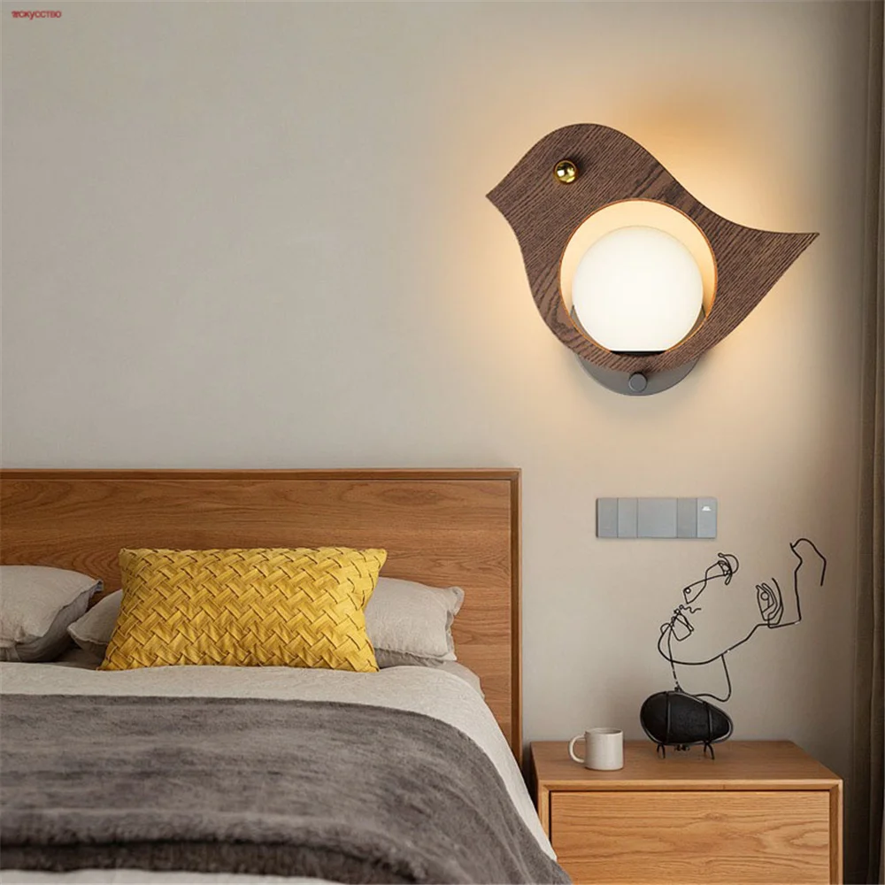 

Nordic Wooden Cottagecore Decor Bird Fish Led Wall Lamp Loft Aisle Corridor Bedroom Bedside Study Sconces Country Night Lights