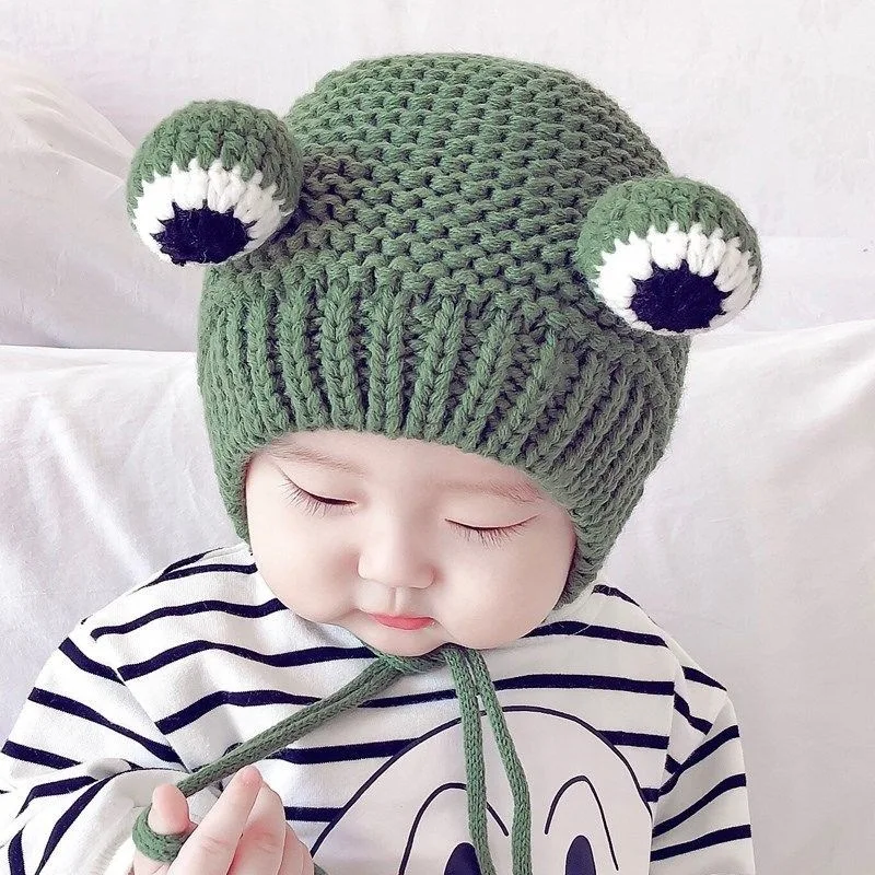 Baby Hat Autumn and Winter Pullover Knitted ear Protection Hat Popular Yarn Frog hat for Taking photos and going out H1