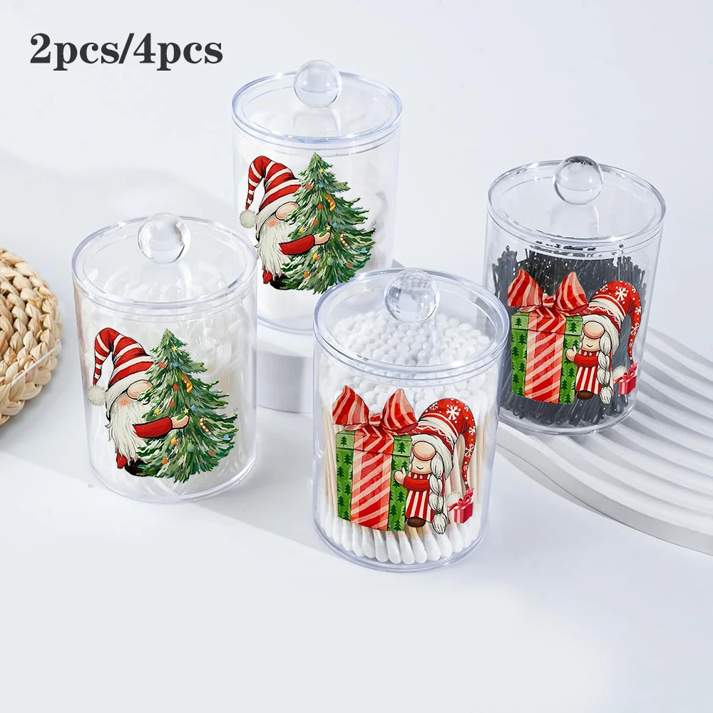 2/4 Pack Christmas Qtip Holder,Clear Apothecary Jar Set, Bathroom Jars with Lids Organizer for Cotton Swabs, Balls, Pads, Floss