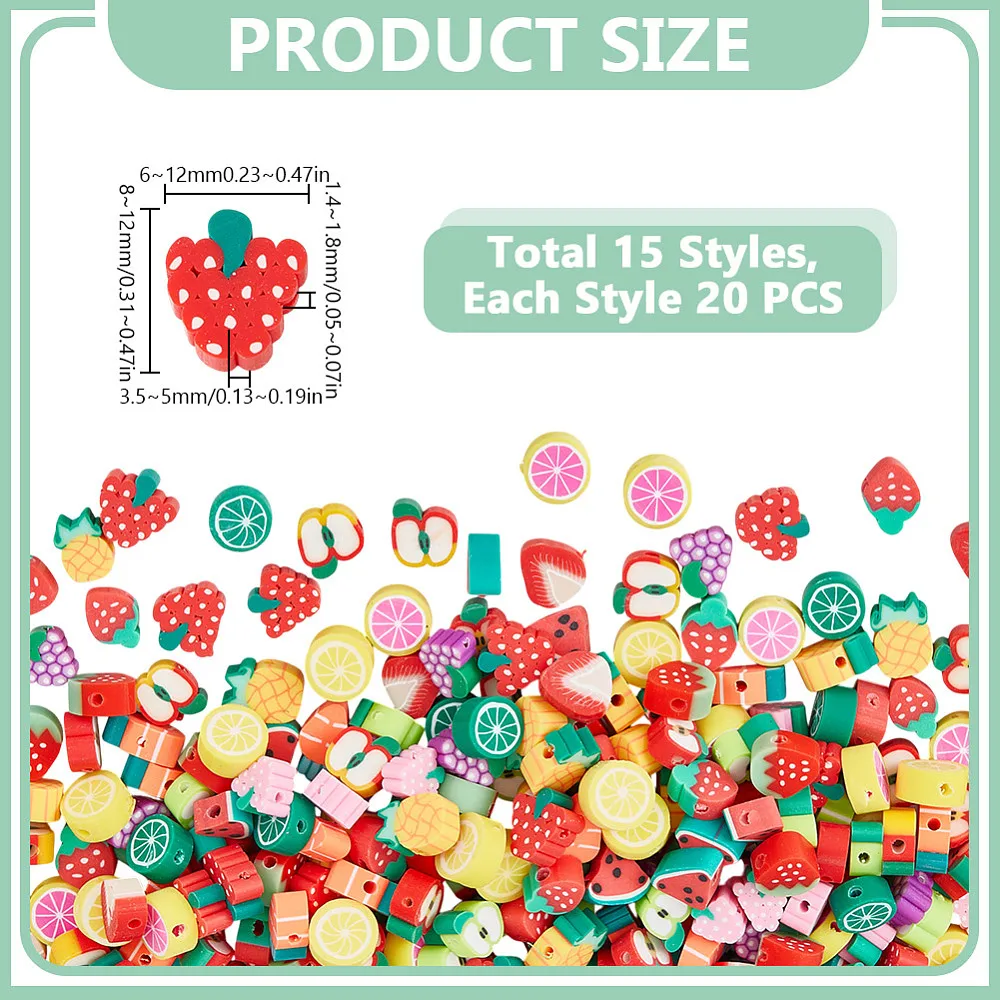 300 Pcs Fruit Polymer Clay Beads 15 Styles Cute Fun Beads Lemon Watermelon Strawberry Grape Clay Beads Charms for Jewelry