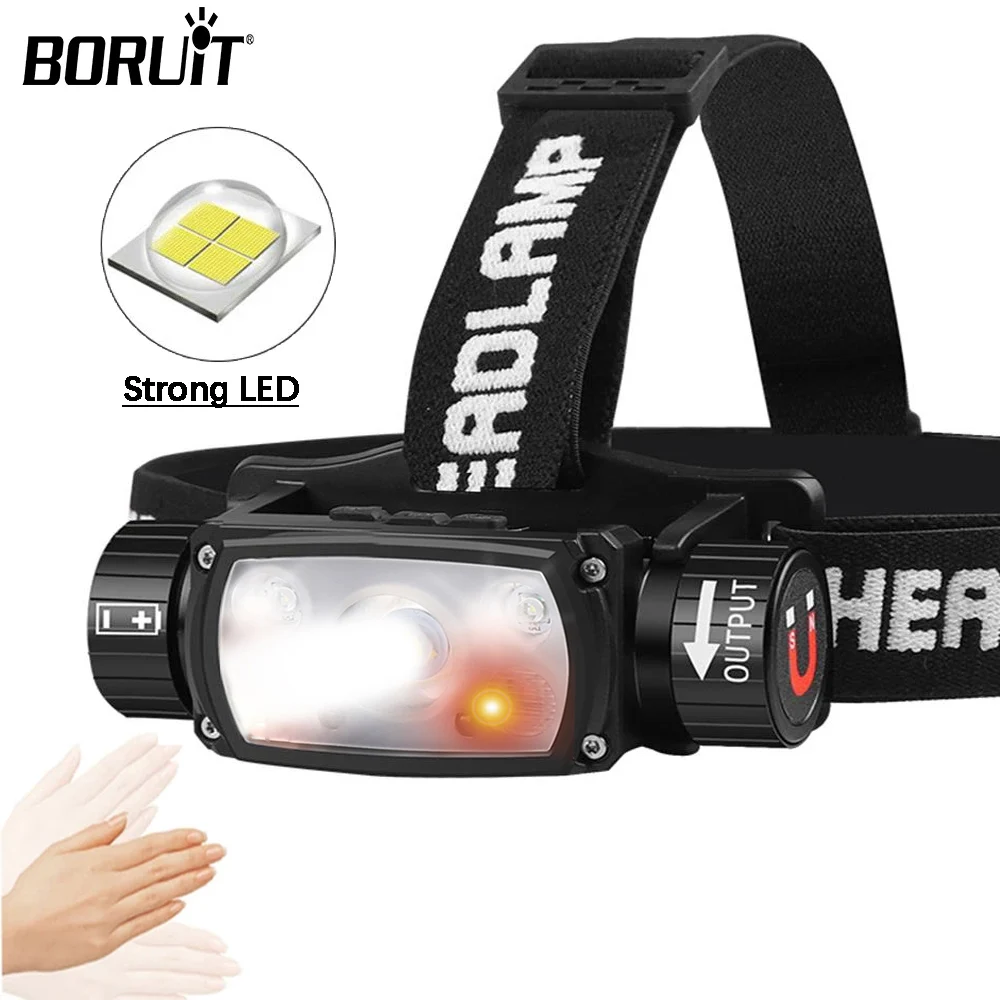 BORUiT Sensor Headlamp 2000LM Powerful LED 18650/21700 Battery Type-C Rechargeable Headlight Fishing Work Torch Camping Lantern