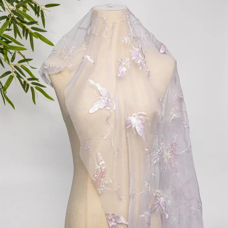 

New Spring Summer Lace Fabric Multicolor Iridescent Butterfly Sequins Embroidery for Women Dress Stage Costume By The Yard