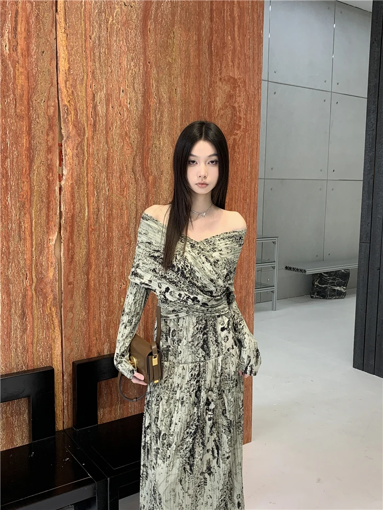 CHEERART Ink Painting Off The Shoulder Maxi Dress For Women Texture Long Sleeve A Line Long Dress Autumn High Fashion Clothes