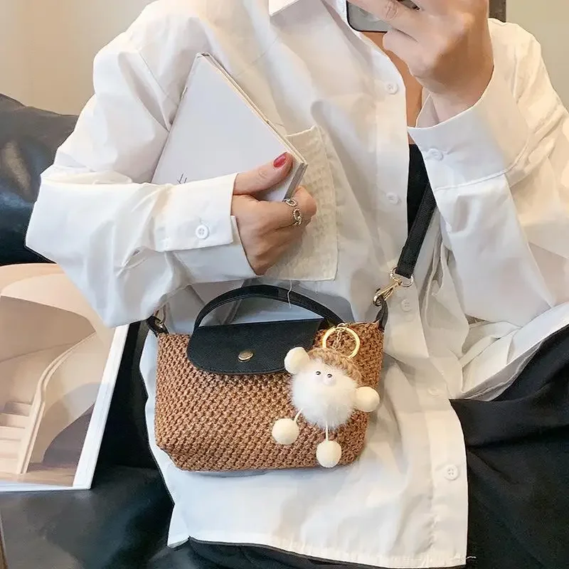 

Women Dumpling Bag Solid Color Nylon Simple with Pendant Small Square French Fashion Brand Girls Inclined Shoulder Bag