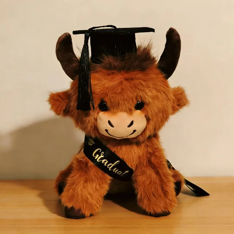 

Scottish Highland Cattle Doctor Hat Plush Toy Soft Stuffed Animal Cattle Plushies Students Graduation Birthday Gifts Home Decor