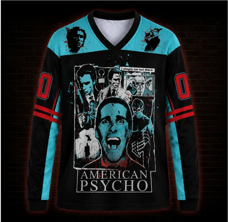 Retro Horror Collage Graphic Long Sleeve Football Jersey Straight Cuff Mesh V Neck Streetwear Teal Black Color Block Sport Shirt
