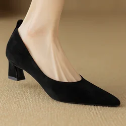 Women's natural suede leather 4.5cm thick med heel pointed toe slip-on pumps elegant ladies OL style daily dress heeled shoes