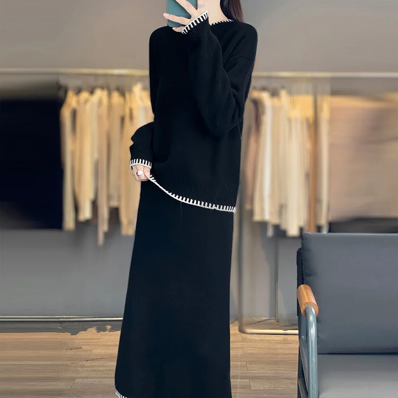 DjzDsm Autumn and Winter New Fashionable 100% Merino Wool Skirt Women's Round Neck Loose Sweater Casual Knee Skirt 2-piece Set