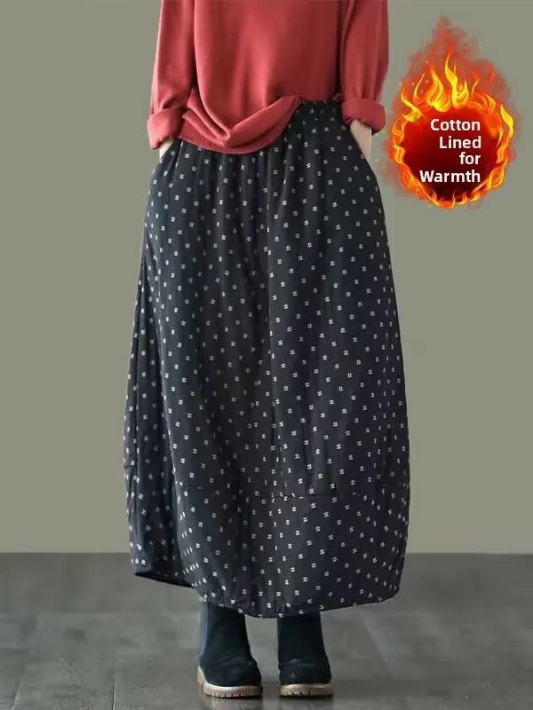 Thiened الخريف الشتاء الرجعية القطن الكتان f تنورة كبيرة الحجم المرأة مرونة الخصر التخسيس ميدي ألف خط القطن تنورة