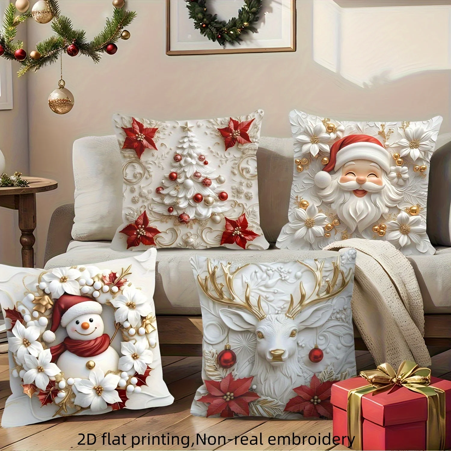 4pcs Christmas Pillow Covers, Santa Snowman Reindeer Tree Print, Red White Gold Green, Polyester Zip, for Living Room Decor