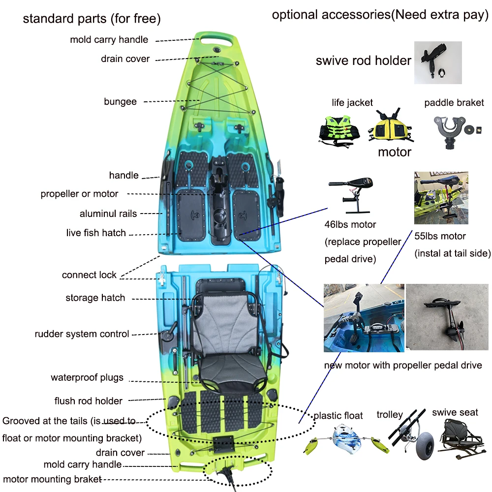 Modular Kayak 10ft, Travel Friendly Pedal Drive or Electric Kayak HDPE Single Seat Modular Fishing Pedal Kayak