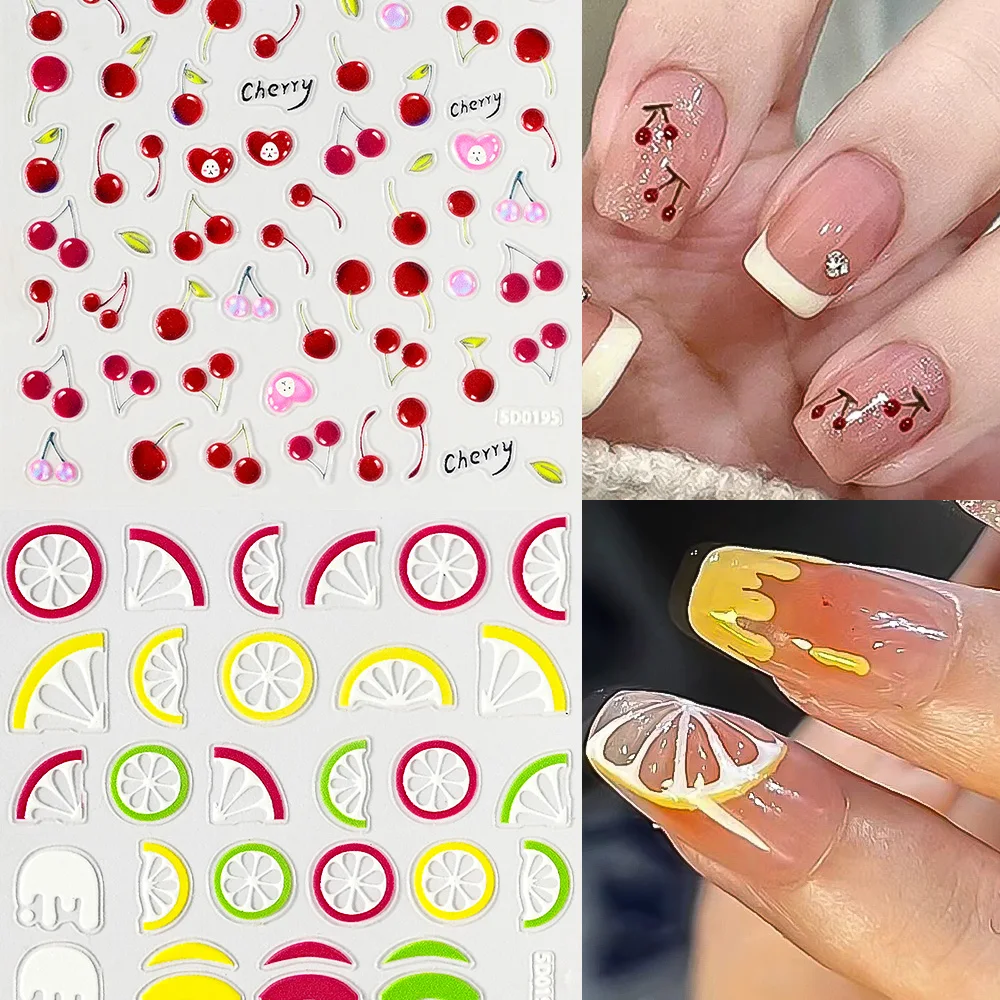 1szt Lemon Cherry Kiwi Fruits Nail Stickers 5D Avocado Strawberry Peach Embossed Adhesive Sliders Summer Fruit Manicure Decals