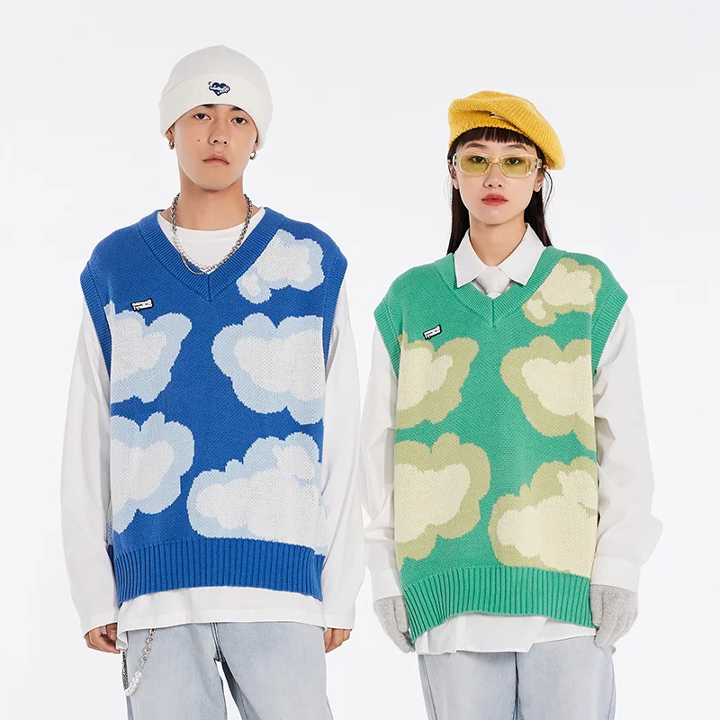 

Knitwear Unisex Harajuku Cloud Graphic V-neck knitted Sweater Vest Tops Men Women Vintage Loose Sleeveless Sweaters Y2K Clothing