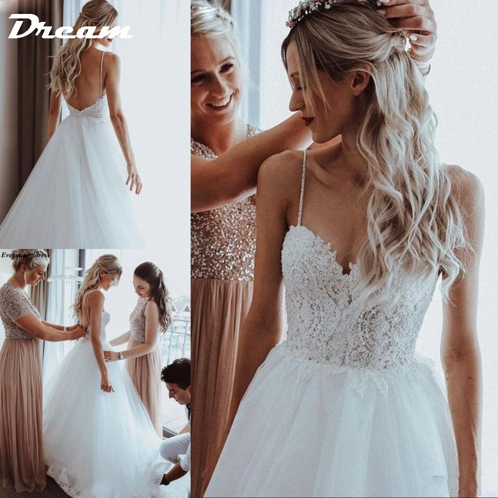 DREAM Customized Beach Backless Tulle Wedding Dresses Spaghetti Straps A-Line Lace Appliques Pearls Floor Length Bridal Gown