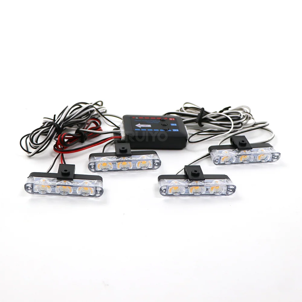 4x 3 LED Grill Car LED Strobe Light Red Blue Yellow Emergency Flashing Signal Beacon Warning Lamp 12V