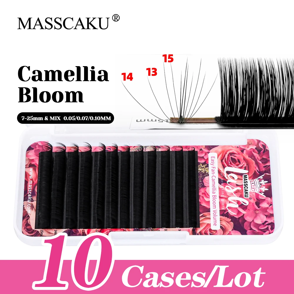 

High Quality MASSCAKU 10cases/lot Wispy Camellia Blooming Eyelash C/CC/D/DD Curl Premium Faux Mink Auto Fanning Lash Bundles