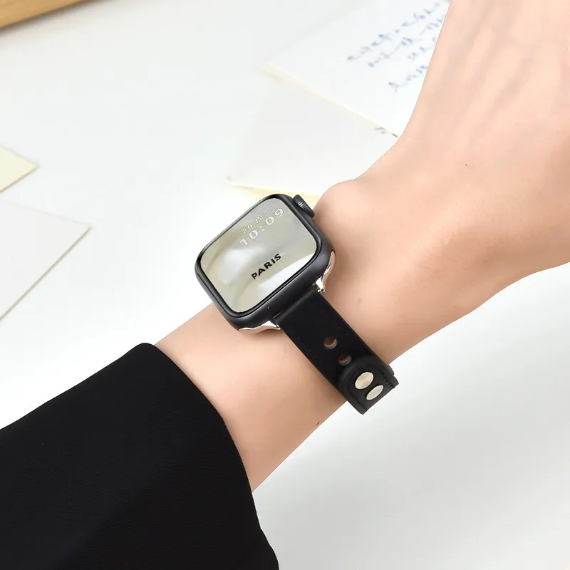 حزام جلدي نحيف أنيق لساعة أبل 44 ملم 45 38 40 41 42 49 ملم سوار معصم بسيط لسلسلة iWatch 9 8 7 6 5 4