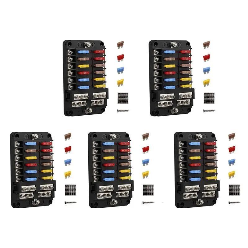 M49K-5X 12V 12 Way Marine Fuse Block Fuse Panel With Ground & 12 Volt Fuse Box For Car Automotive Boat RV RZR