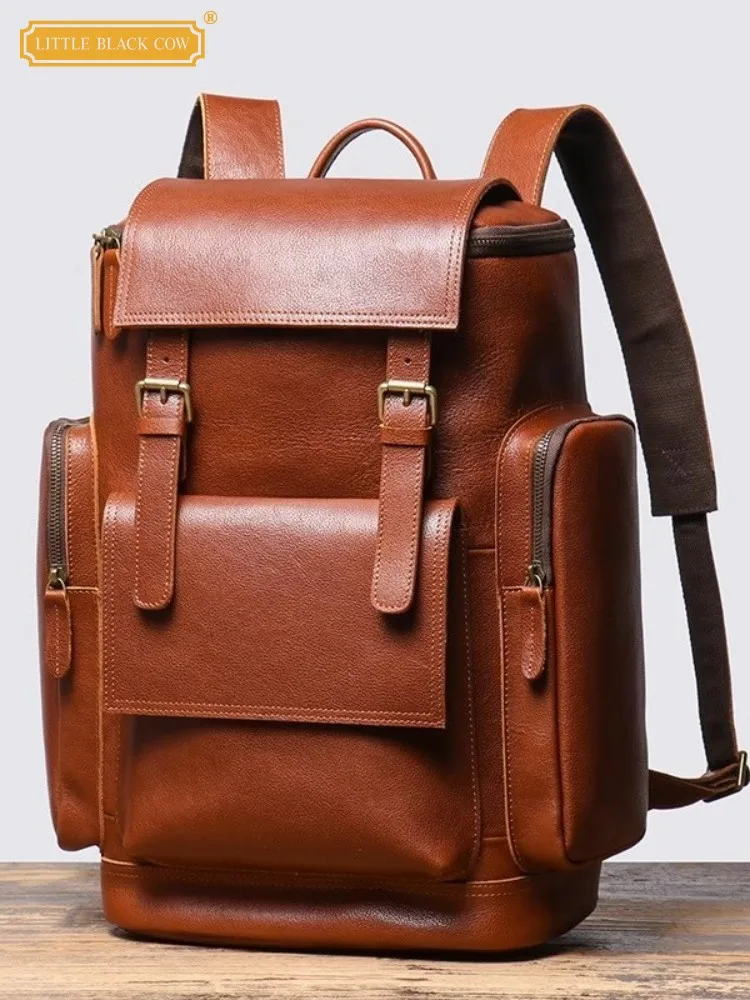 Vintage Men Cowskin Genuine Leather Backpack Handmade Large Capacity Travel Bag Casual Solid Color Mens School Laptop Backpacks