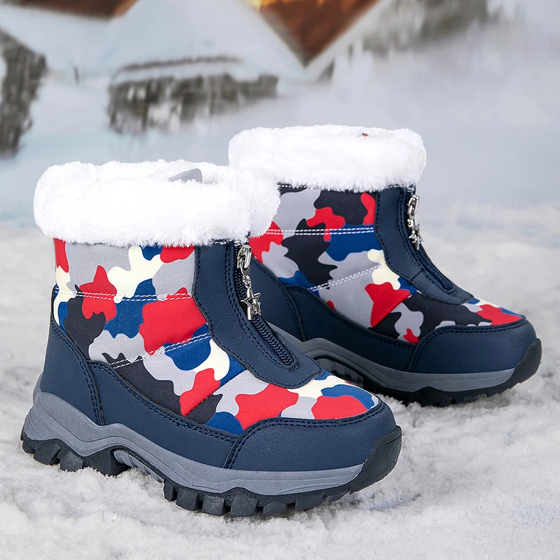 Stivali per bambini impermeabili e morbidi con cerniera mimetica, stivali da neve versatili, comodi e caldi ad alto legame