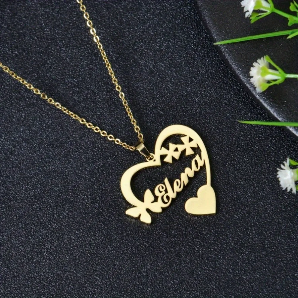 Customized Heart Name Necklace Personalized Bow & Star Design Pendant in Gold Silver & Rose Gold Elegant Heart Pednant Jewelry