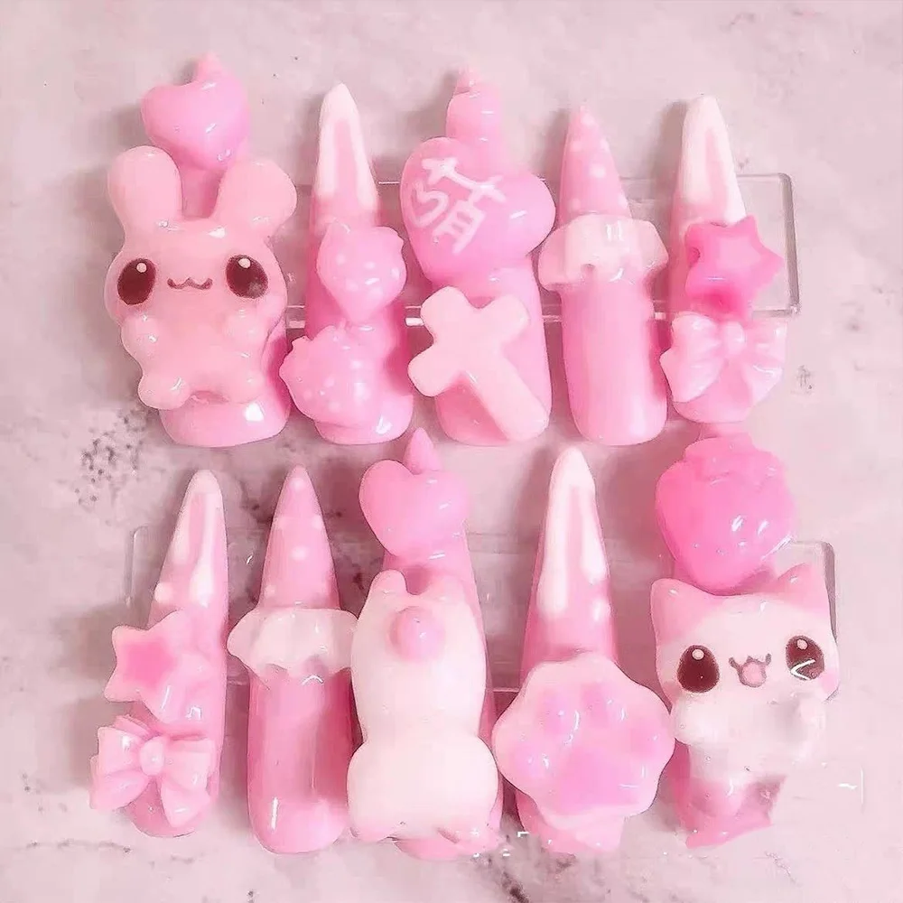 Niedliche Retro Japanische Rilakkuma Rosa Kaninchen Mandel Künstliche Nägel 3D Schleife Stern Katzenpfote Erdbeere Aufklebenägel Handaccessoires – Detail 6
