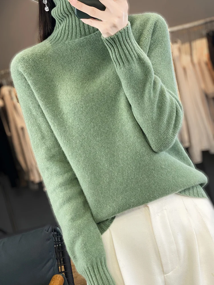 Autumn Winter Thick Women 100% Merino Wool Sweater Turtleneck   Pullover Casual Korean Style Cashmere Knit Bottoming Clothing