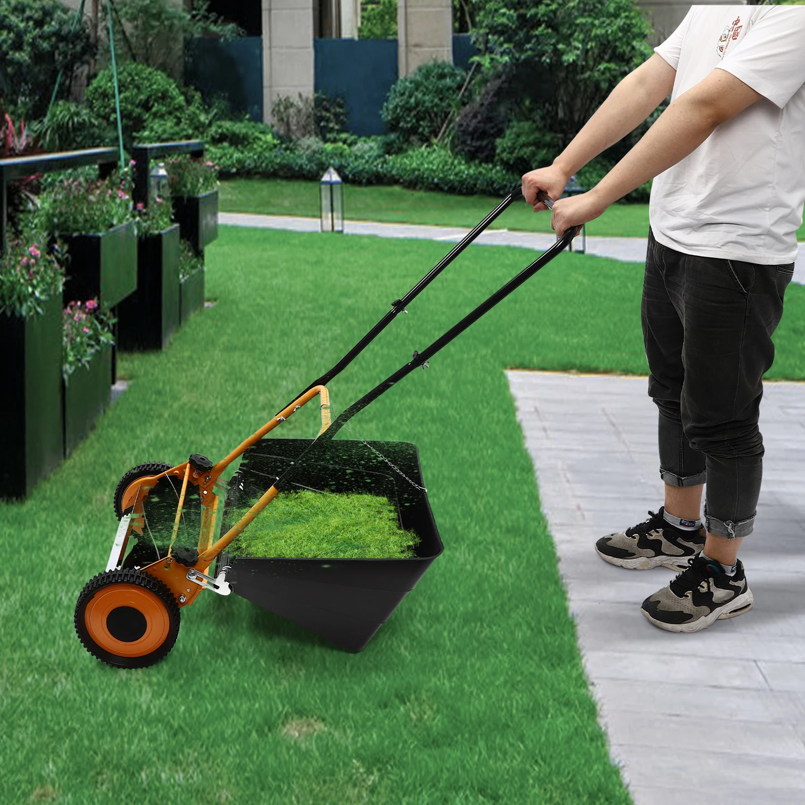Manual Hand Push Lawn Mower 16 Inch Cutting Width 2‑in‑1 Mow & Grass Collection Adjustable Cutting Height 0.47‑1.65in Steel Aluminum Push Lawnmower for Backyard Garden