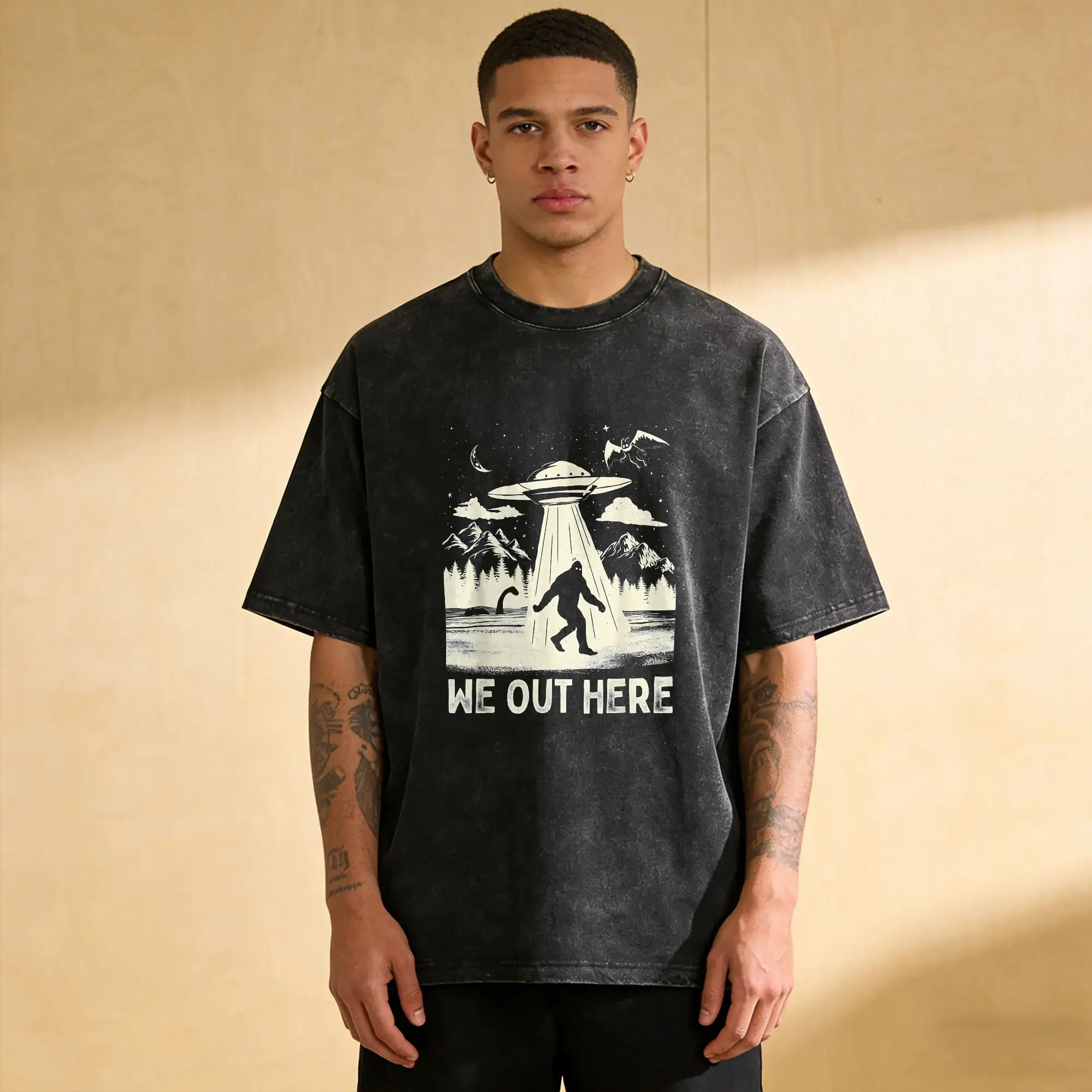 We Out Here Funny Bigfoot Cryptid UFO Abduction T Shirt Men's  100% Cotton Vintage T-Shirt Short Sleeve Clothes Gift Idea