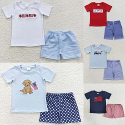 Wholesale Baby Boy July 4th Summer Red Blue Set Children Toddler Embroidery Cotton Shirt Kid Infant Stars Shorts Dog Flag Outfit