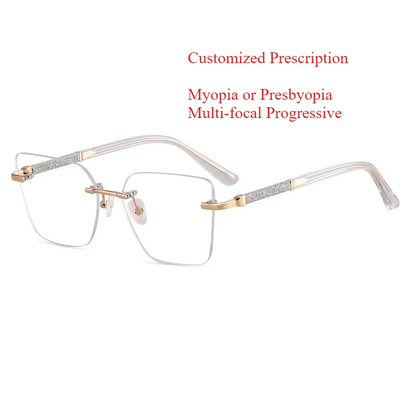 

Customized Prescription Glasses Women Rimless Multi-Focal Progressive Photochromic Anti-Blue Light Myopia Hyperopia Eyeglasses