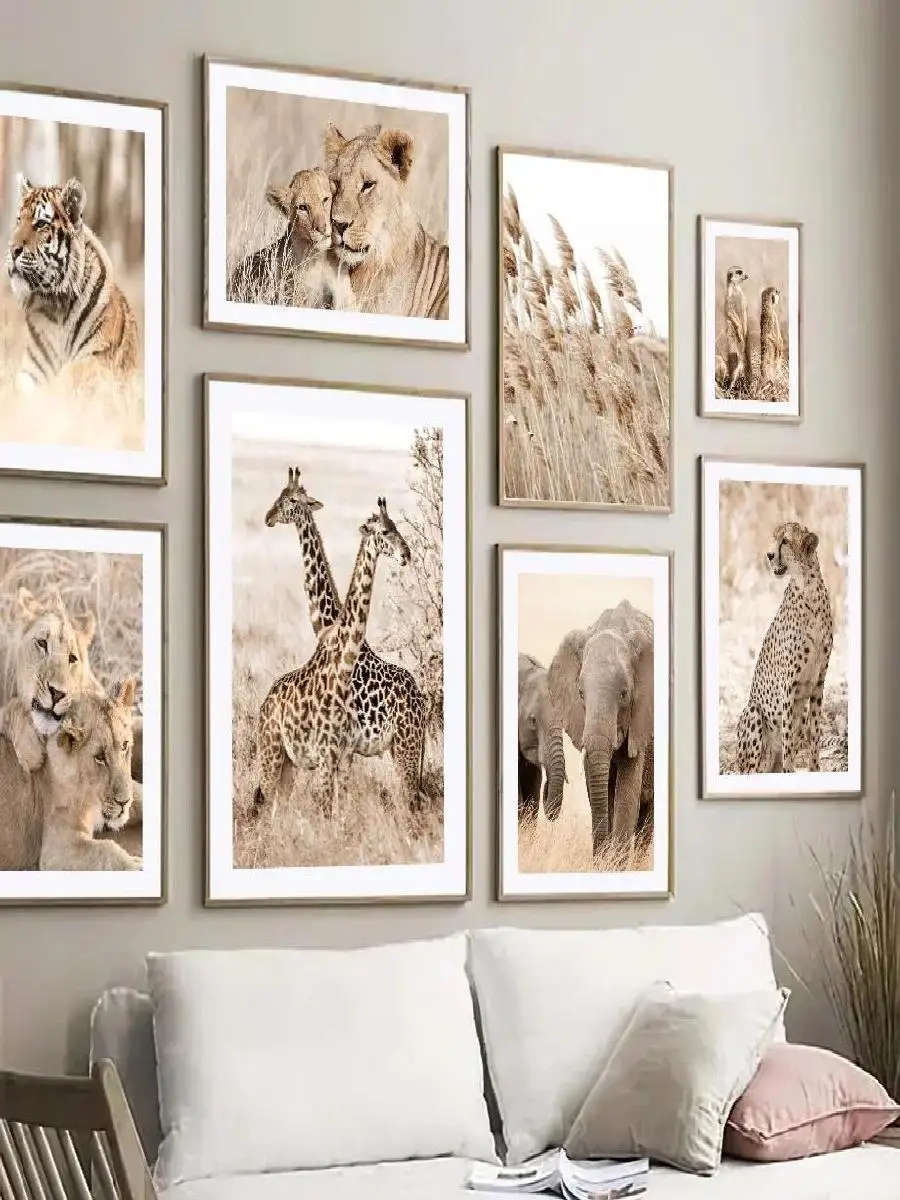 Classic Vintage Wall Art Beige Reed Lion Cheetah Elephant  Giraffe HD Canvas Print Poster for Living Room  Bedroom Decor  Timele