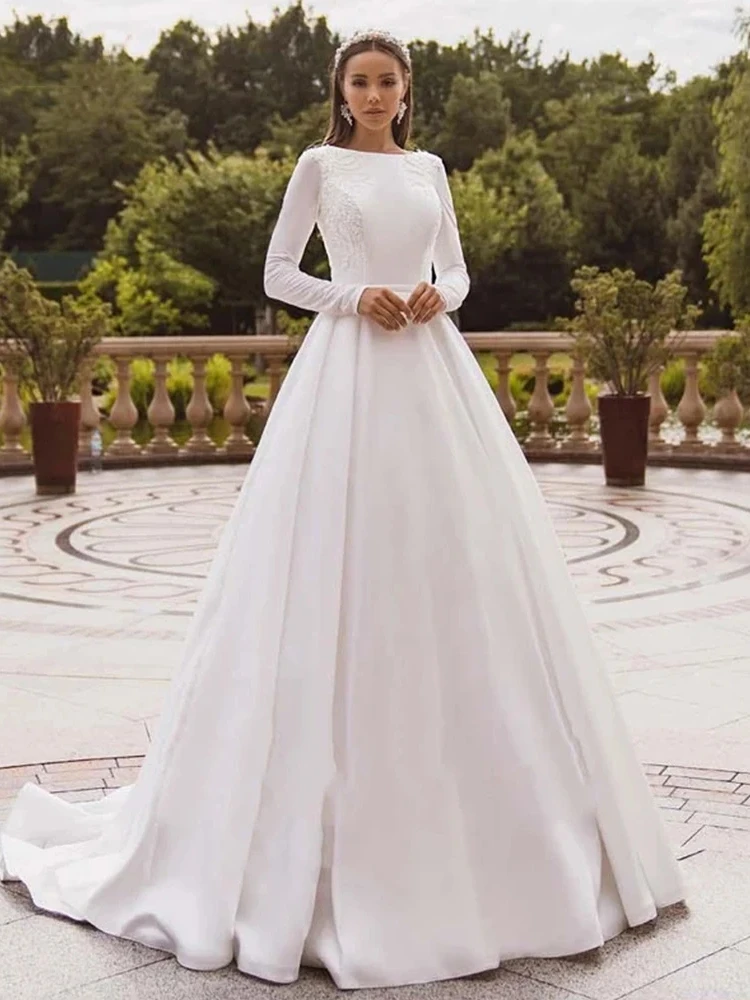 Simple Elegant Wedding Dresses 2024 O-Neck A-Line Bridal Gowns Full Sleeves Satin Robes For Formal Party Vestidos De Novia 2023