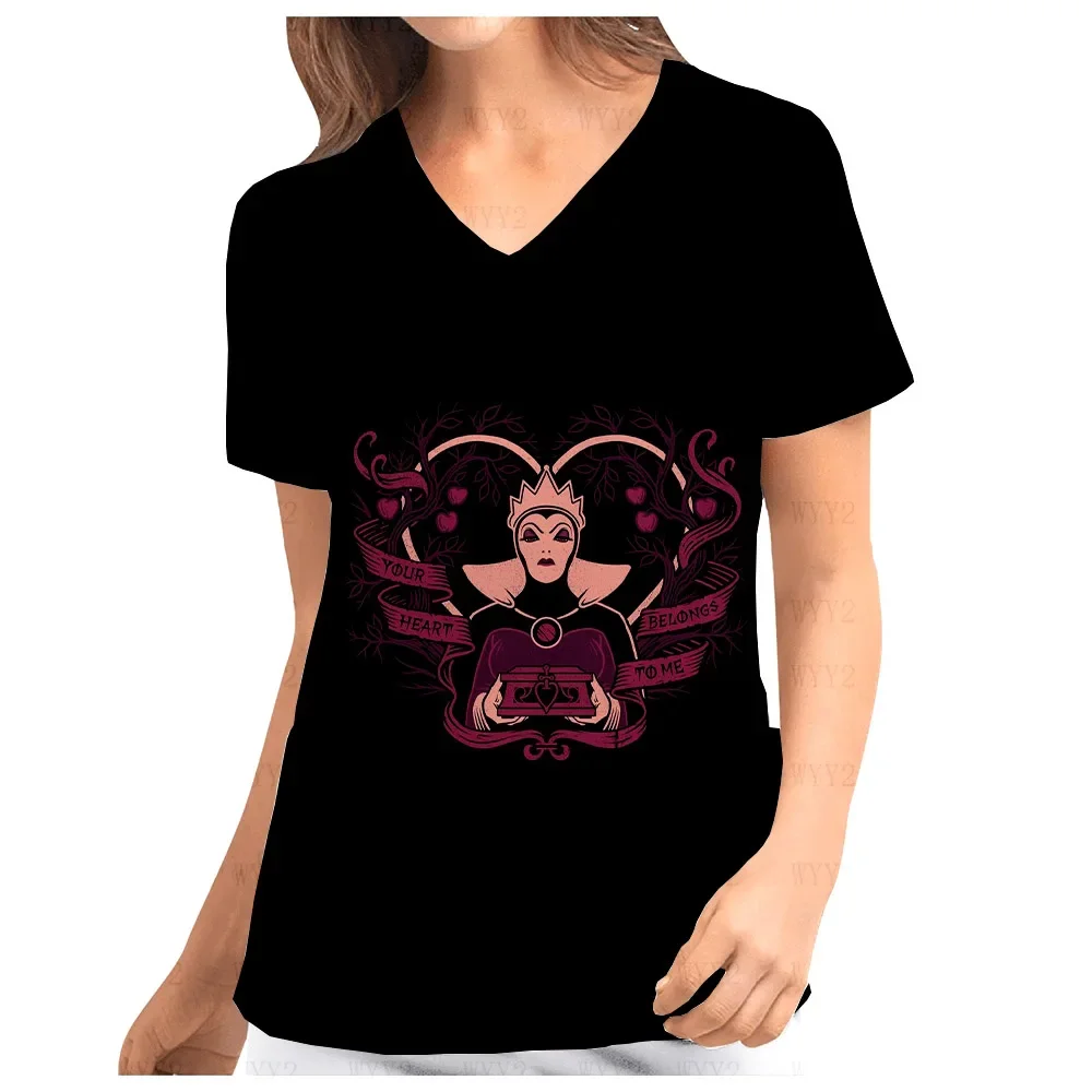 جديد المرأة ممرضة موحدة جيب الأعلى الخامس الرقبة طباعة فرك الأعلى ديزني Maleficent طباعة الصيف قصيرة الأكمام المرأة العمل موحدة #1