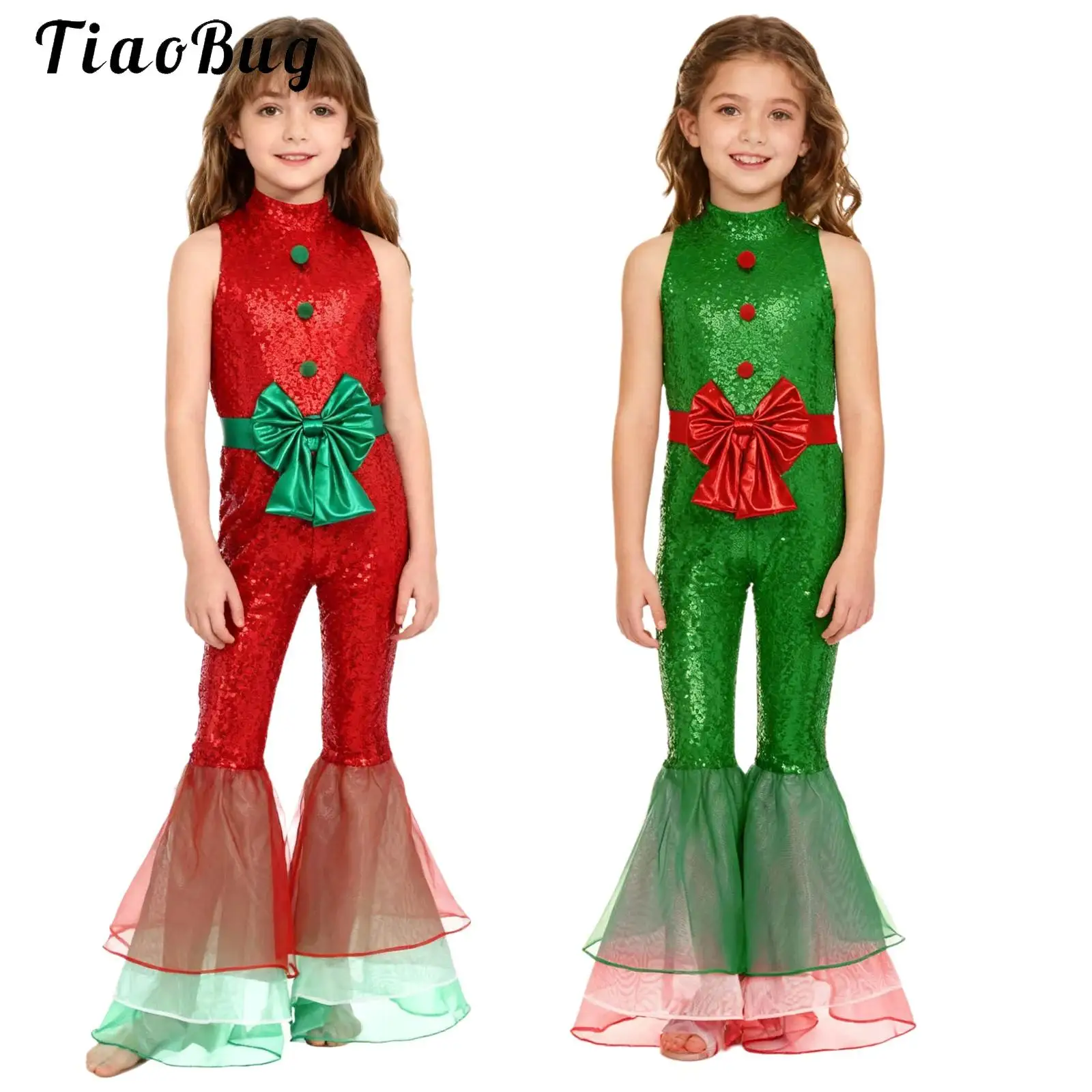 

Kids Girls Christmas Dance Costume Sequins Sleeveless Bell-Bottom Jumpsuit Vintage Tiered Flared Legs Pants Xmas Party Bodusuit
