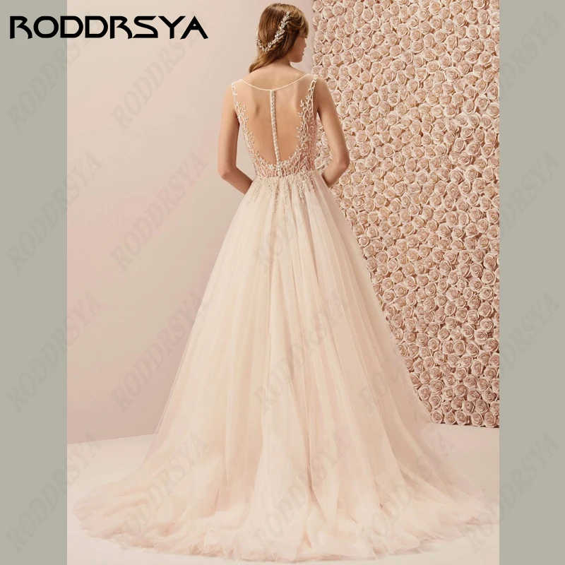 RODDRSYA V-Neck Tulle Wedding Dresses Illusion Button Back Vestidos De Novia Appliques Lace A-Line Bridal Gowns Custom Made