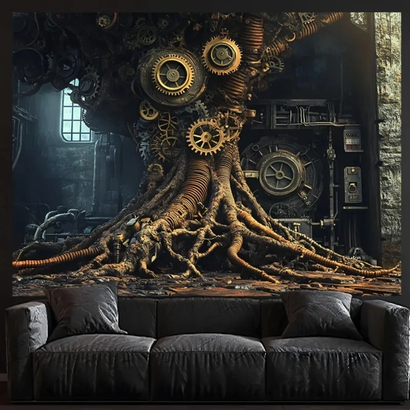 VIKAMA Steampunk Gear Tree Tapestry, Mechanical Root Tree Industrial Wall Hanging, Vintage Machine Art Cloth Poster Room Decor