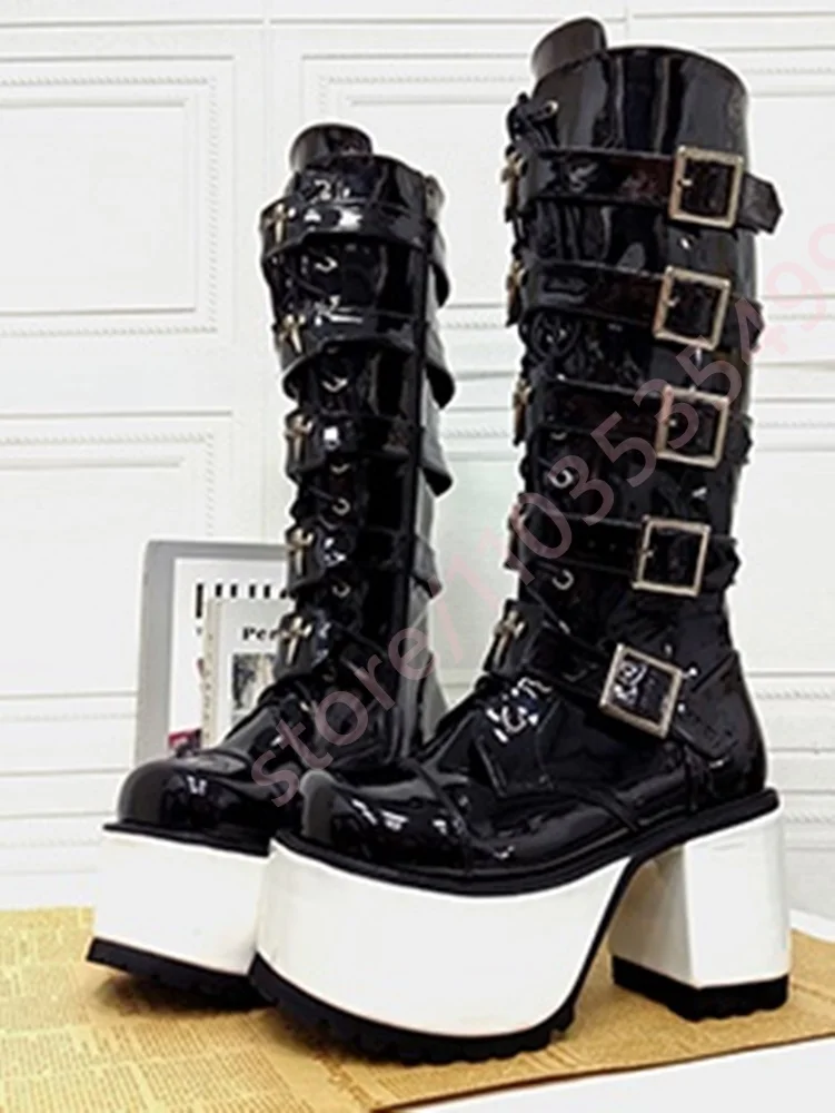 

Platform Patent Leather Belt Buckle Motorcycle Boots 2025 New Punk Gothic Y2K Boots Fashion Party Casual Chunky Heel Stage Boots