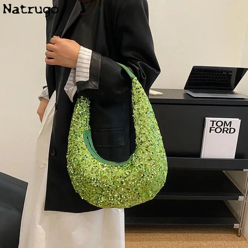 Sequin Crescent Pouch Underarm Bags For Women 2023 Luxury Designer Korean Fashion Party Handbags Trend Shoulder Bag