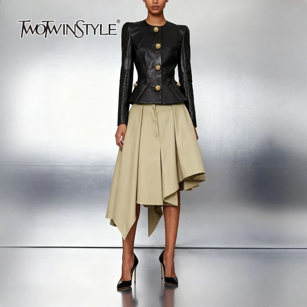 

TWOTWINSTYLE Fashion Two Piece Sets for Women O Enck Long Sleeve Tunic Top High Wasit Patchwork Folds Irregular Skirt Set Female