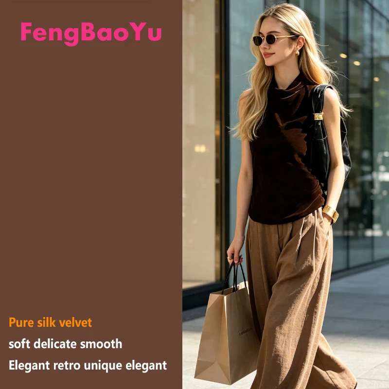Fengbaoyu Natural Silk Velvet Women's Sleeveless Top Elegant Fashionable Blouse for Spring Summer Comfortable Cool Casual Shir